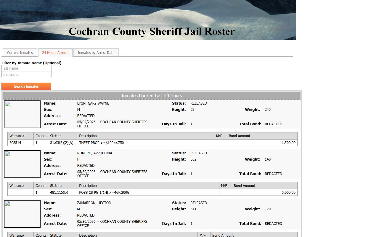 Cochran County jail mugshots 24 hour arrest roster tab